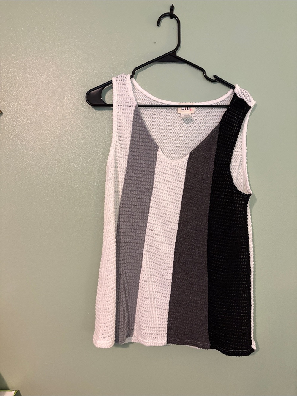 BiBi Striped Crochet V-Neck Tank in Black, Gray, and White